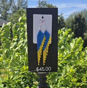 Handmade Blue and Yellow Beaded Earrings